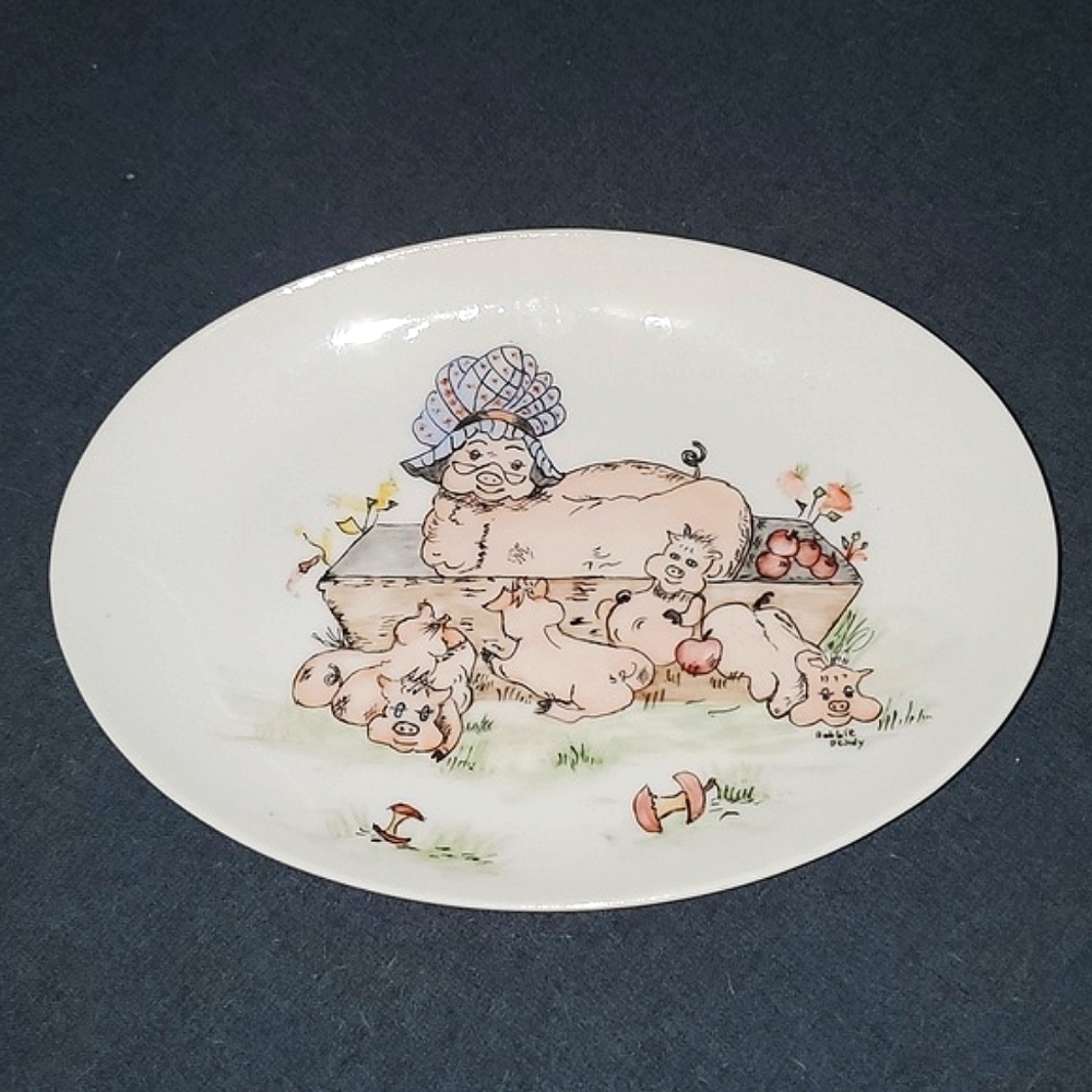 Vintage Kitschy Plate with Pig Family Signed
